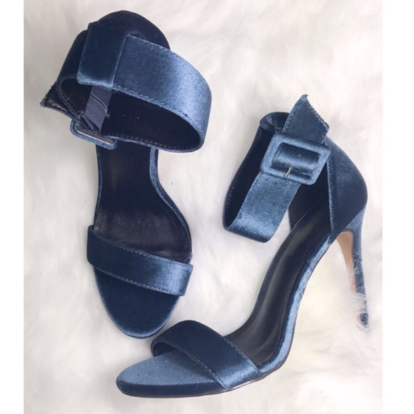 Midnight Blue Velvet Ankle Strap High Heels - Picture 2 of 3